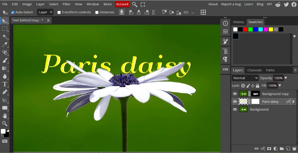 Put Text Behind Image in Photopea Free Online